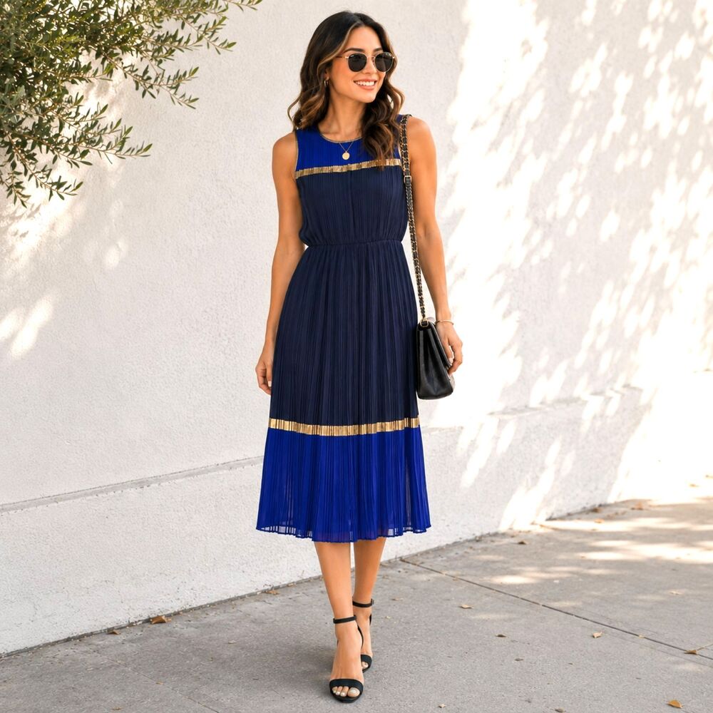 BCBGMAXAZRIA Pleated Colorblock Midi Dress Blue Black Gold Sleeveless XXS